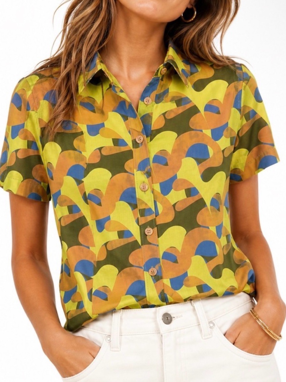 Wild Fang the essential short sleeve button up Pop Art design Multi Color Shirt